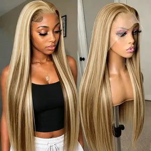 13x4 Glueless P4/613 Highlight Wig 100% Human Hair HD 613 Lace Front Wig Ombre Brown Honey Blonde Colored Human Hair Wigs Super Double Drawn Bone Straight Lace Frontal Wig 180% Density Pre Plucked