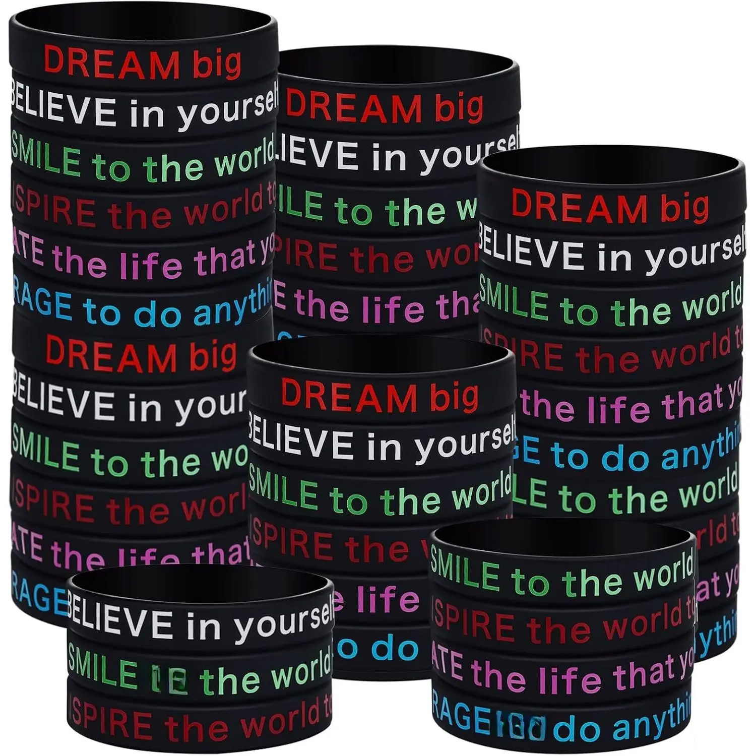 48 count Motivational Quote Rubber Bracelets Bulk Inspirational Students Teacher Gifts  Wristbands Stretch Bracelets for Adult Office  to School Party Favor(Black)