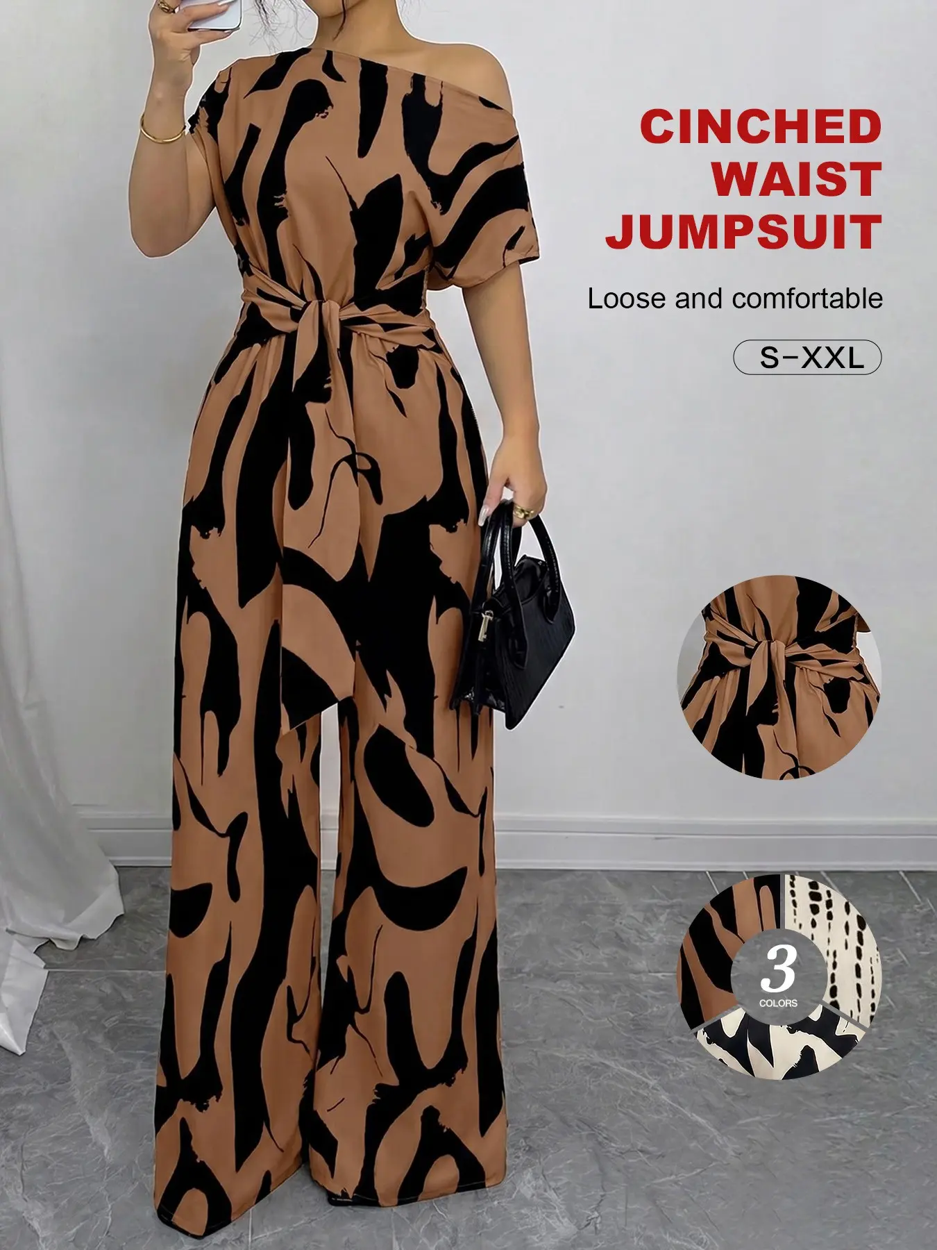 Women Printed One Shoulder Jumpsuit, Short Sleeve, Self Tie Waist Belt, Elastic Back, Wide Leg, Lightweight, Fit, Casual Fashion