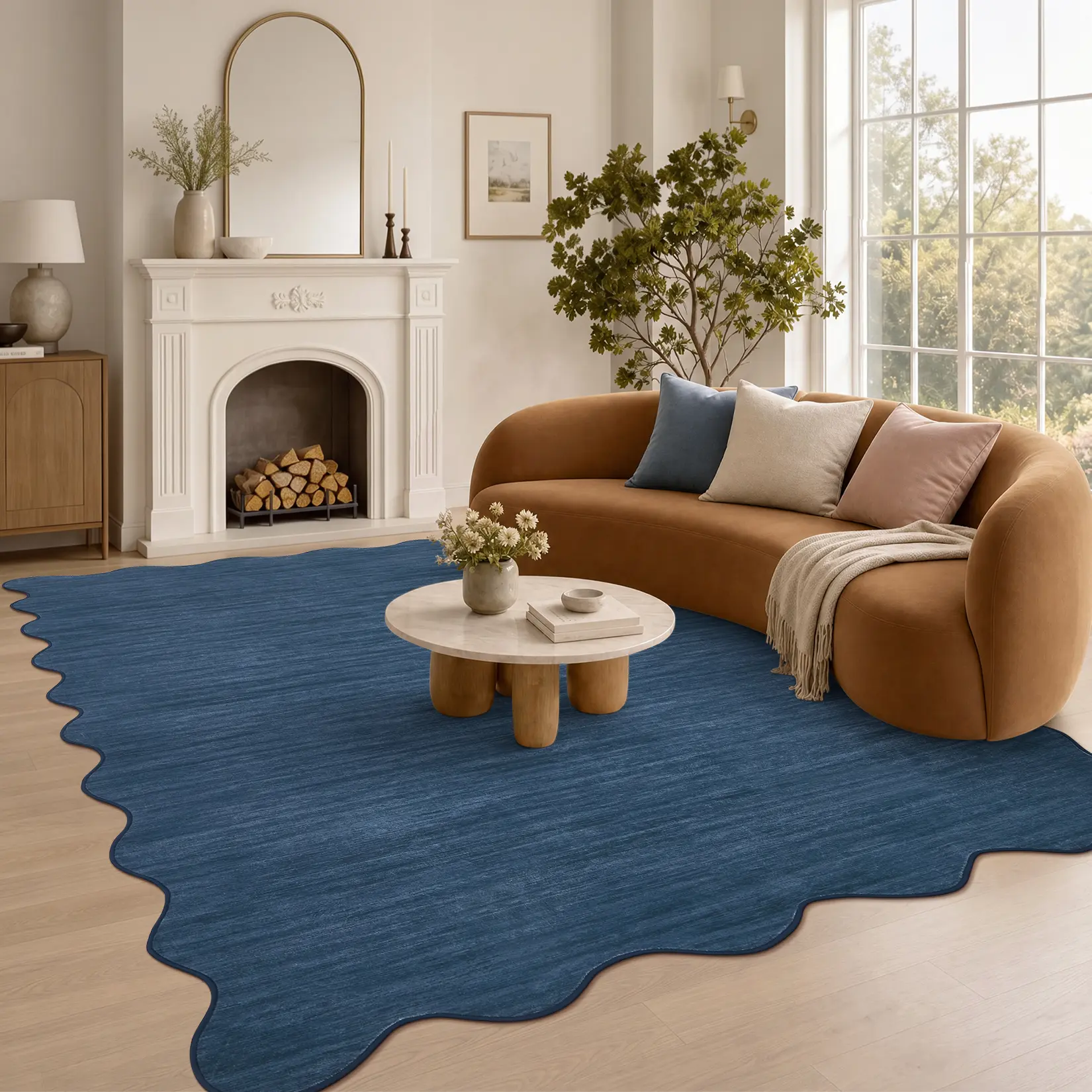 Solid Color Printed Area Rug with Stylish Fan-Shaped Border, Ultra-Thin Foldable Soft Non-Shedding Floor Mat, Non-Slip Machine Washable Decorative Rug for Bedroom, Dining Room, Playroom, Kids Room and Farmhouse Indoor Decor