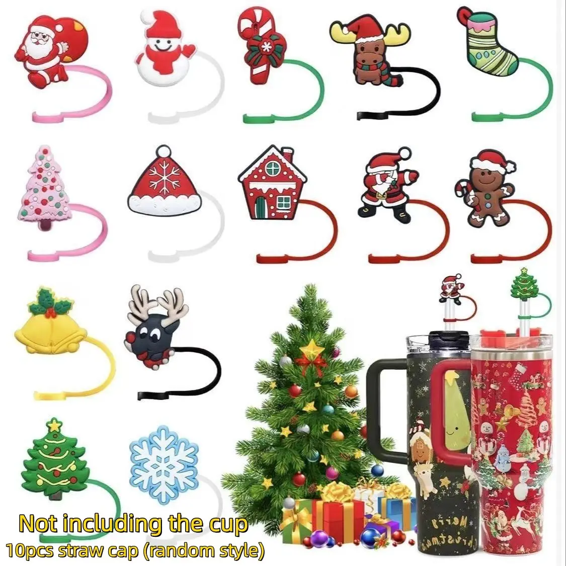 10 Pcs Random Pack Cartoon Christmas Anime Silicone Straw Topper Dust Caps, 10mm Caliber Reusable Straw Protective Covers, Multi-scene Beverage Accessories Suitable for Milk Tea Cups Daily Household Drinking