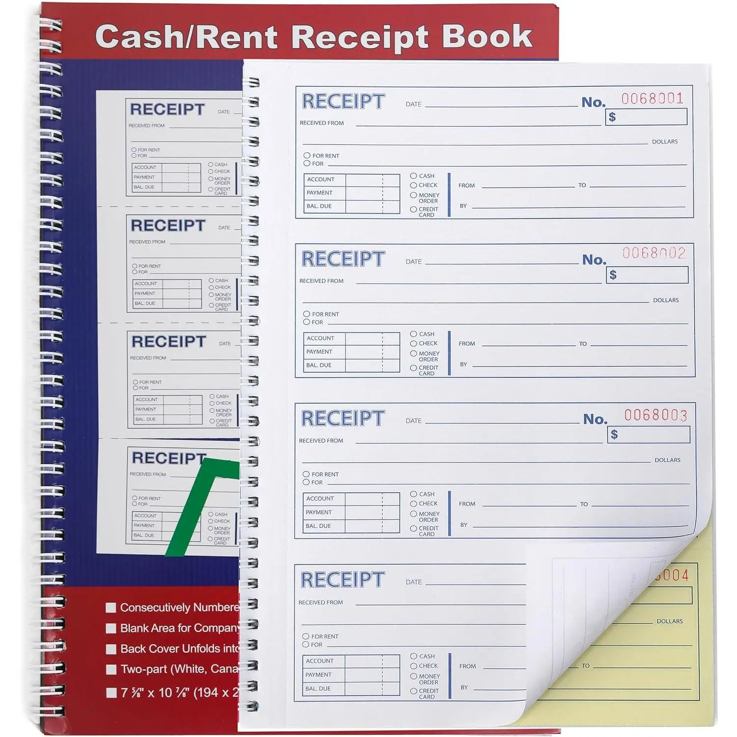 and Rent Receipt Book 2-Part Carbonless 7-5/8" x 11" Spiral Bound 200 Sets per Book 4 Receipts per Page(1pack)