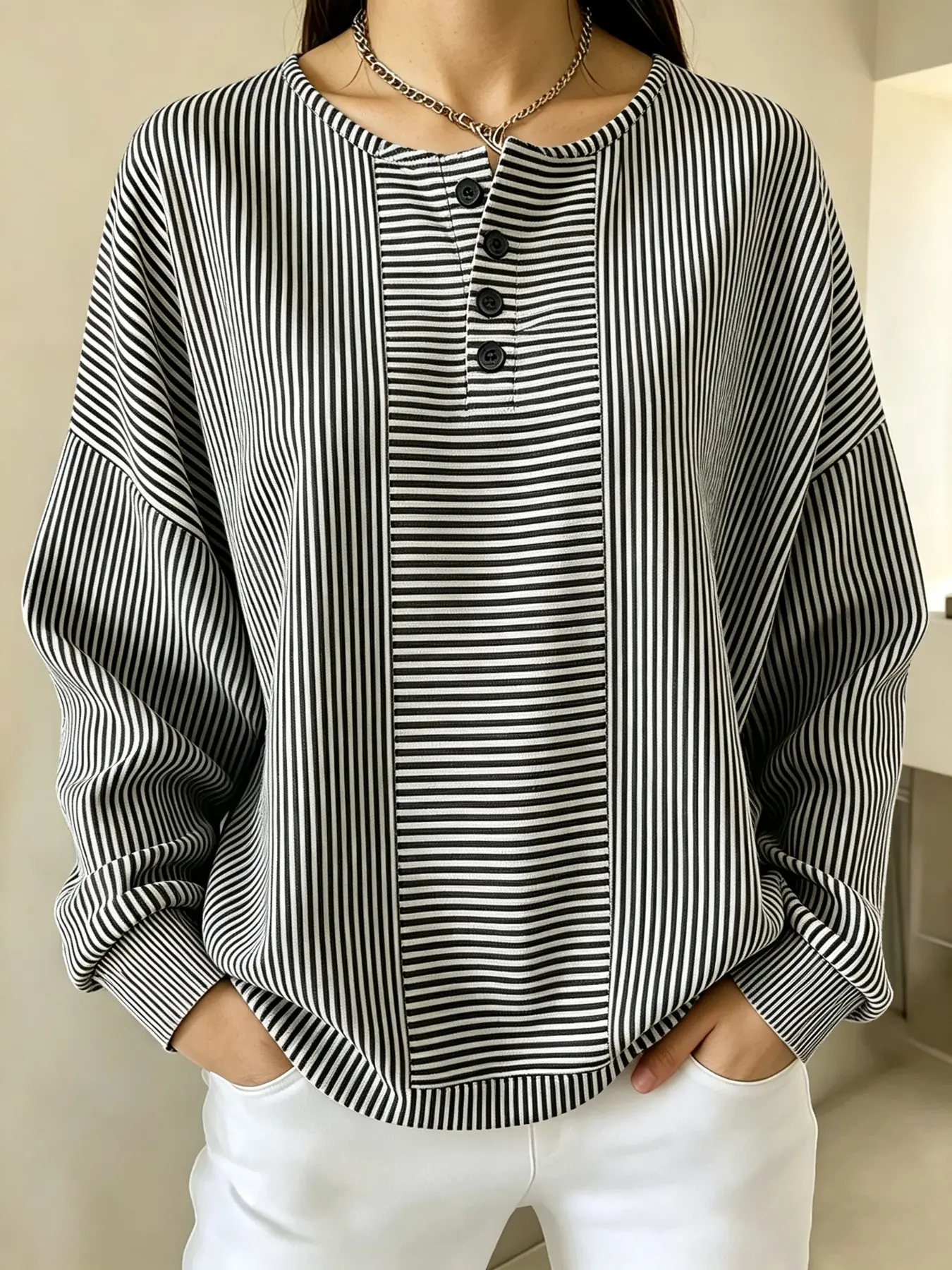 Vintage Colorblock Striped Henry Collar Long Sleeve Top for Women, Loose Fit Drop Shoulder Half Button Lazy Style Striped Sweatshirt