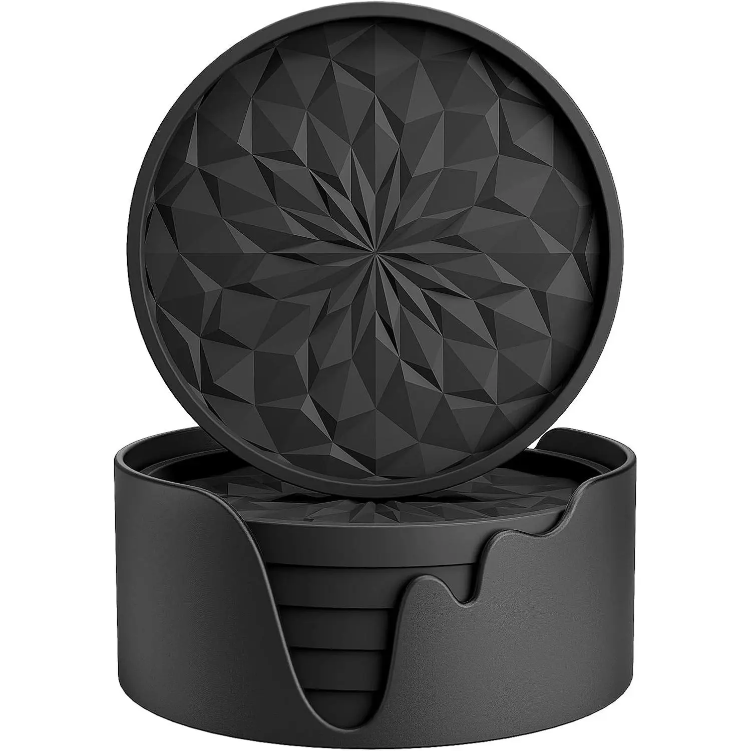6-Pack Round Silicone Tabletop Coasters with Holder - Thick, Non-Slip, Deep Tray Black for Hot/Cold Drinks, Beach, Indoor, Library, Pub Home & Party Supplies