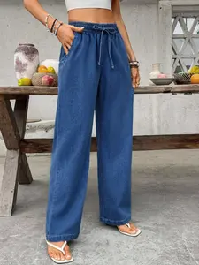 French Elegant Denim Jeans, Elastic Waist Tie, Light Blue Washed Straight Leg, Women's Long Pants, Comfortable & Durable