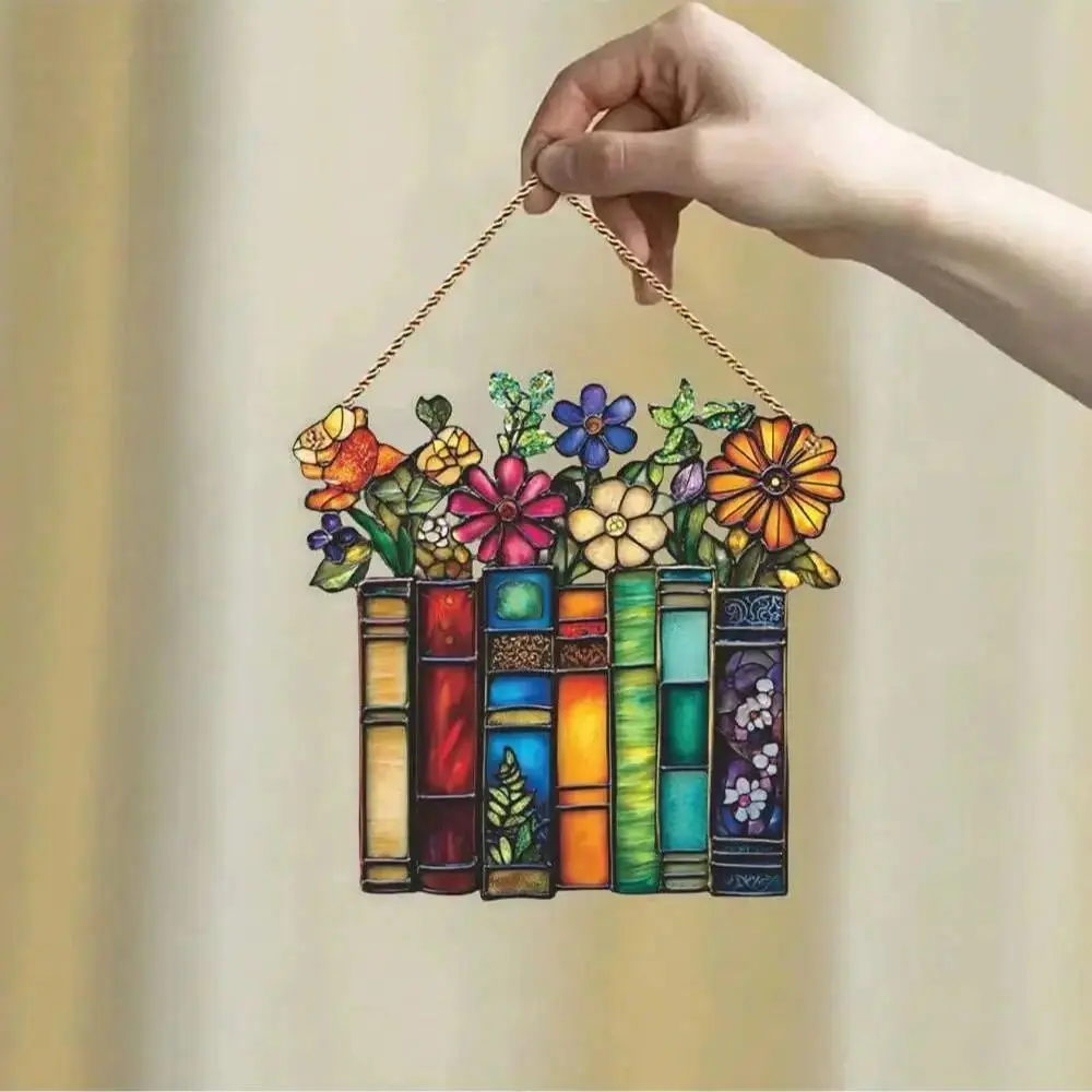 1-Piece Decorative Floral Acrylic Book Decor with Hanging Loop, Flat-Shape Book Hanger Ornament, Reader Gift for Home & Garden Decoration, Flower Motif, Library Hang