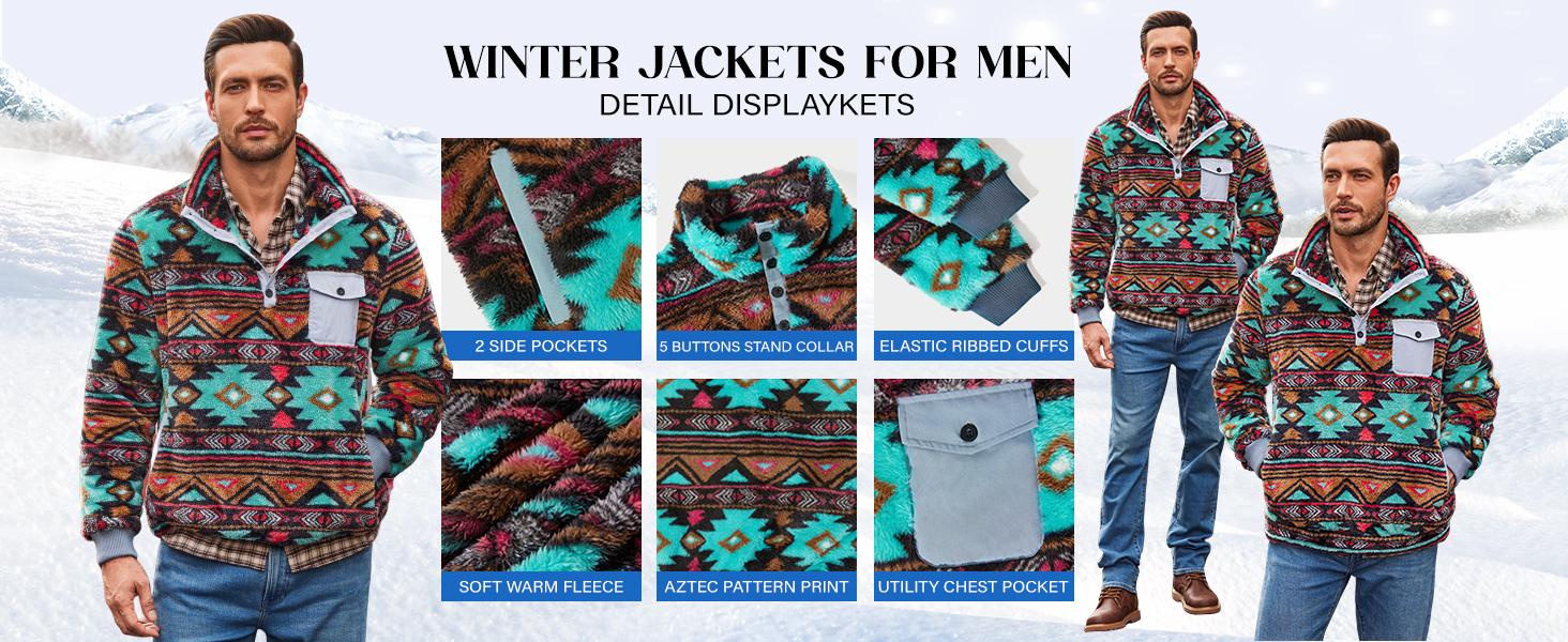 【Christmas Sale】PASLTER Mens Christmas Aztec Fleece Jackets Fuzzy Sherpa Pullover Sweatshirts Winter Coats Western Vintage Sweaters with Pocket