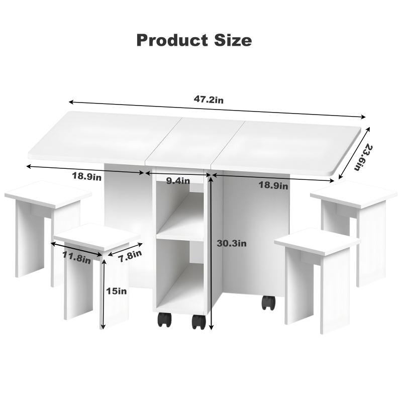 Folding Drop Leaf Dining Table Set for 4 with 4 Chairs, Space Saving Foldable Dining Table with Storage and 6 Wheels, 47.2 inch D x 23.6 inch W x 30.3 inch H, White