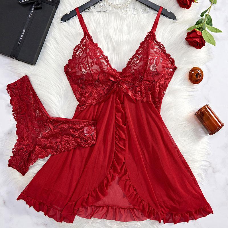 3PCS Sexy Sleepwear For Sleeping Night Dress Women Lingrie Sets Deep V  Slip Nightgowns And Panties