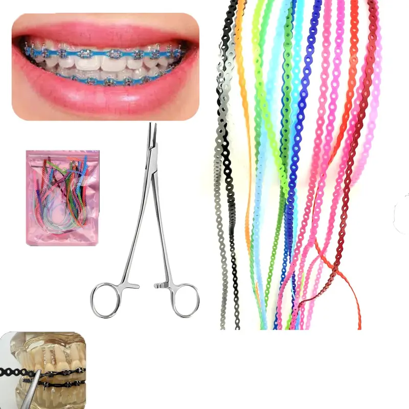 20-Vibrant Color Continuous Chain Dental Orthodontic Accessory Kit Set, 20cm Teeth Accessory Elastic Bands with Applicator Plier, Cost-Effective Brace Replacement for Teens with At-Home Operation Capability