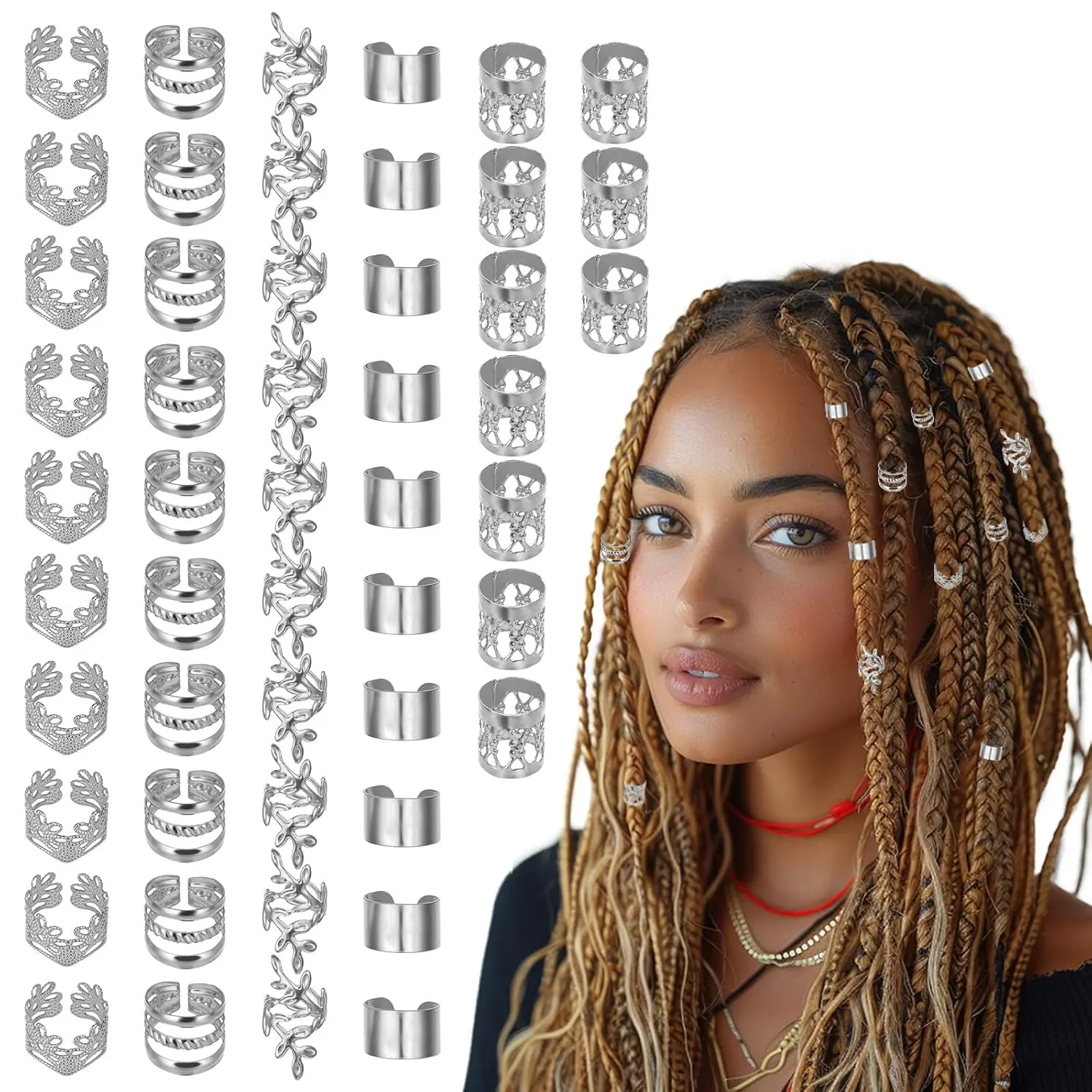 50 count  Hair  for Braids Accessories Loc  for Hair Dreadlocks Adjustable Hair Rings Hair Cuff Hair Charms Braid  Hair Beads Decorations for Men Women()