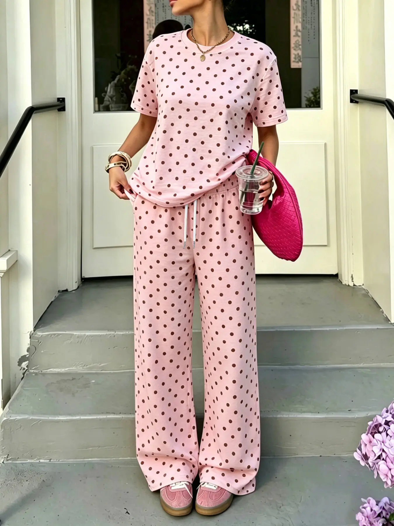 Women's Casual Polka Dot Loose Baggy T-Shirt and Wide Leg Pants Set, Spring Summer Street Style, Y2K Fashion, Comfortable Daily Wear