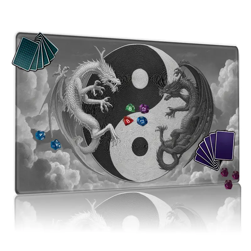 Black White Yin-Yang Dragon MTG Playmat - 12x24in Non-Slip TCG Game Mat, Mystical Clouds Background, Ideal for Gathering & Family Card Games, Great Gift for Enthusiasts