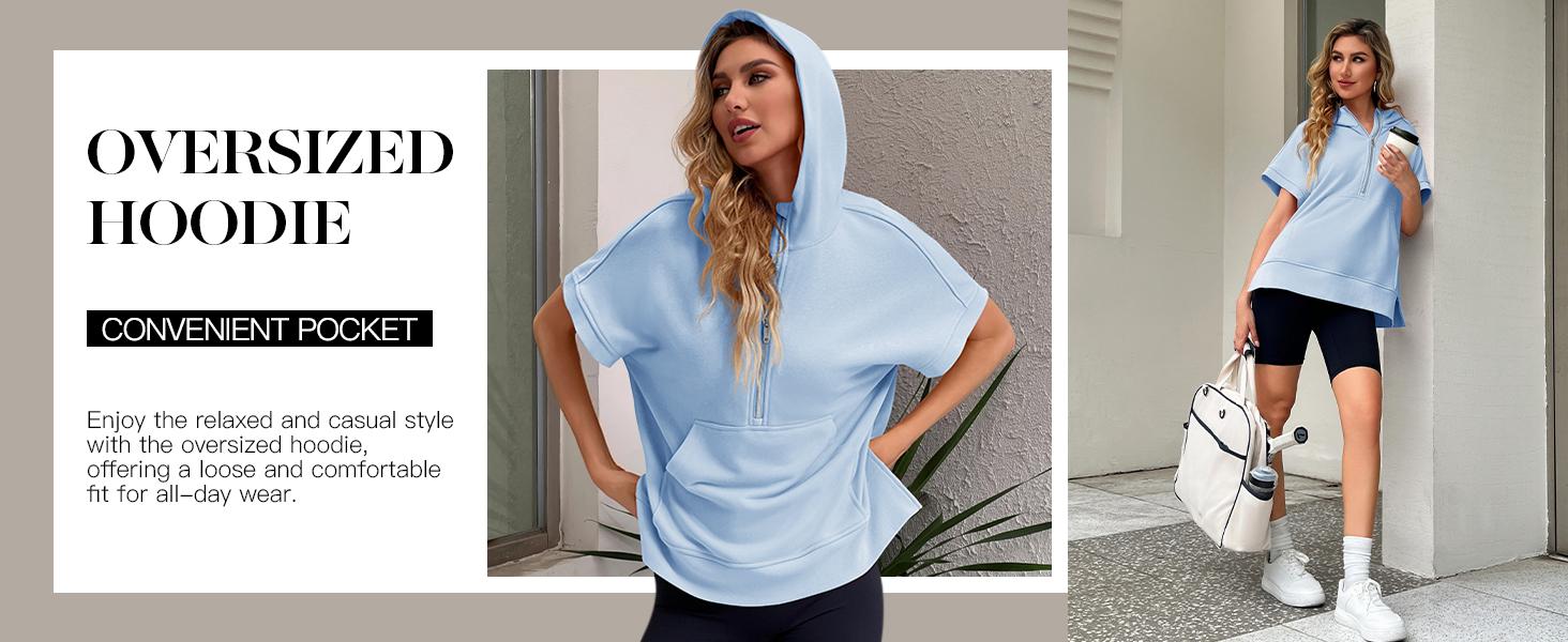 FMEYOA Womens Oversized Half Zip Hoodies Short Sleeve Casual Sweatshirts Pullover Tops with Pockets