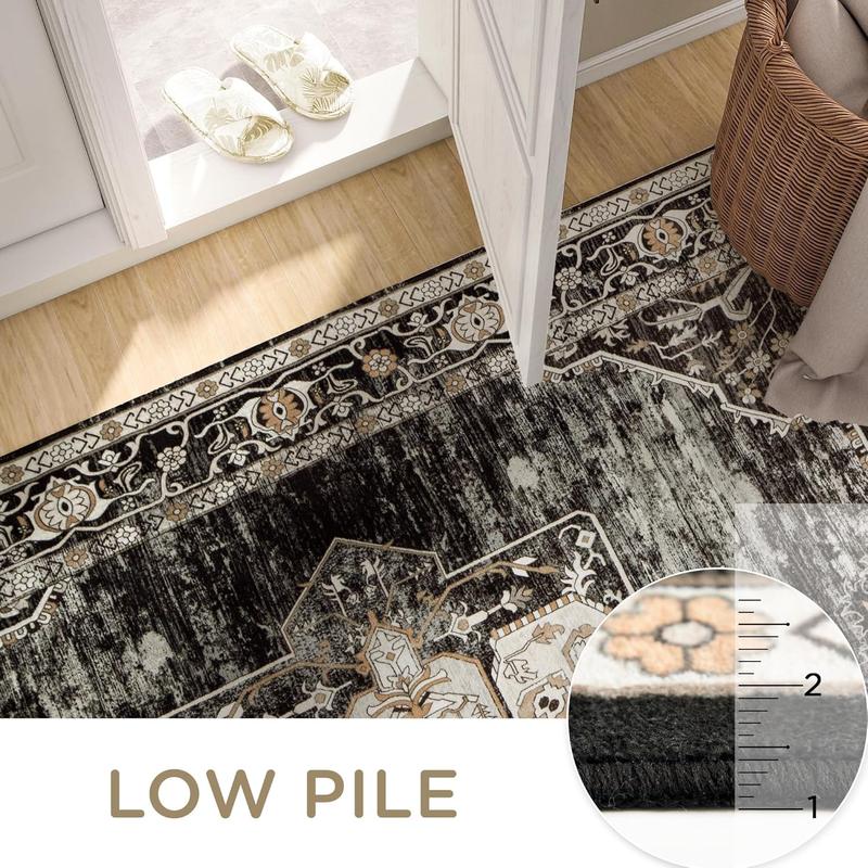 8x10 Washable Area Faux Cashmere Rug for Living Room, Non-Slip Soft Boho Vintage Medallion Carpet, Low Pile Distressed Rugs for Bedroom, Dining Room, Home Offi