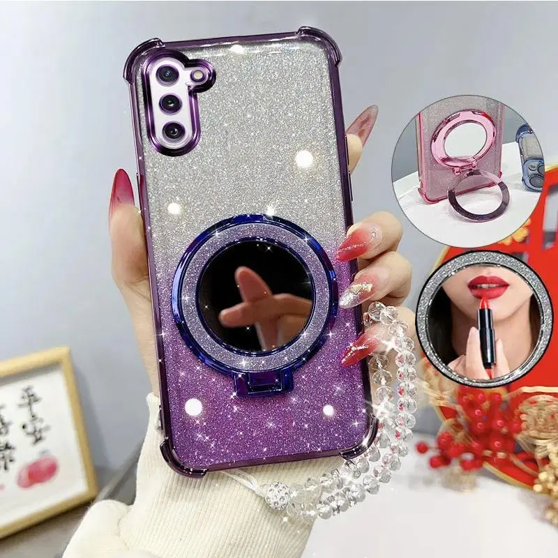 Glitter Four-Corner Shockproof Phone Case with Mirror Stand Beaded Strap For Samsung Galaxy Note 10 Note10 Pro Back Cover Case