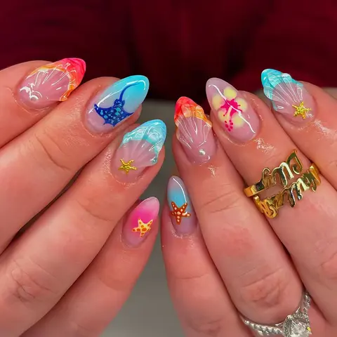 Summer Ocean Resort Style Press On Nails, Decorative Nails 3D Gel Art featuring Manta Rays, Sea Pearls Hand-Painted Acrylic Nails French Tips with a Romantic Sunset Motif. Long, Almond-Shaped, Removable Fake Nails—Perfect for Summer Vacations and Par