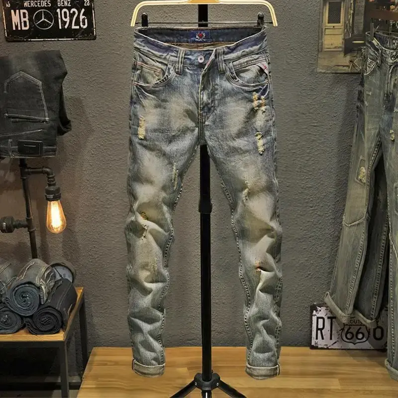 Autumn Winter High-end Trendy Brand Ripped Jeans Men's Versatile Retro Grinding Yellow Slim Small Feet Youth Thick Slim Jean