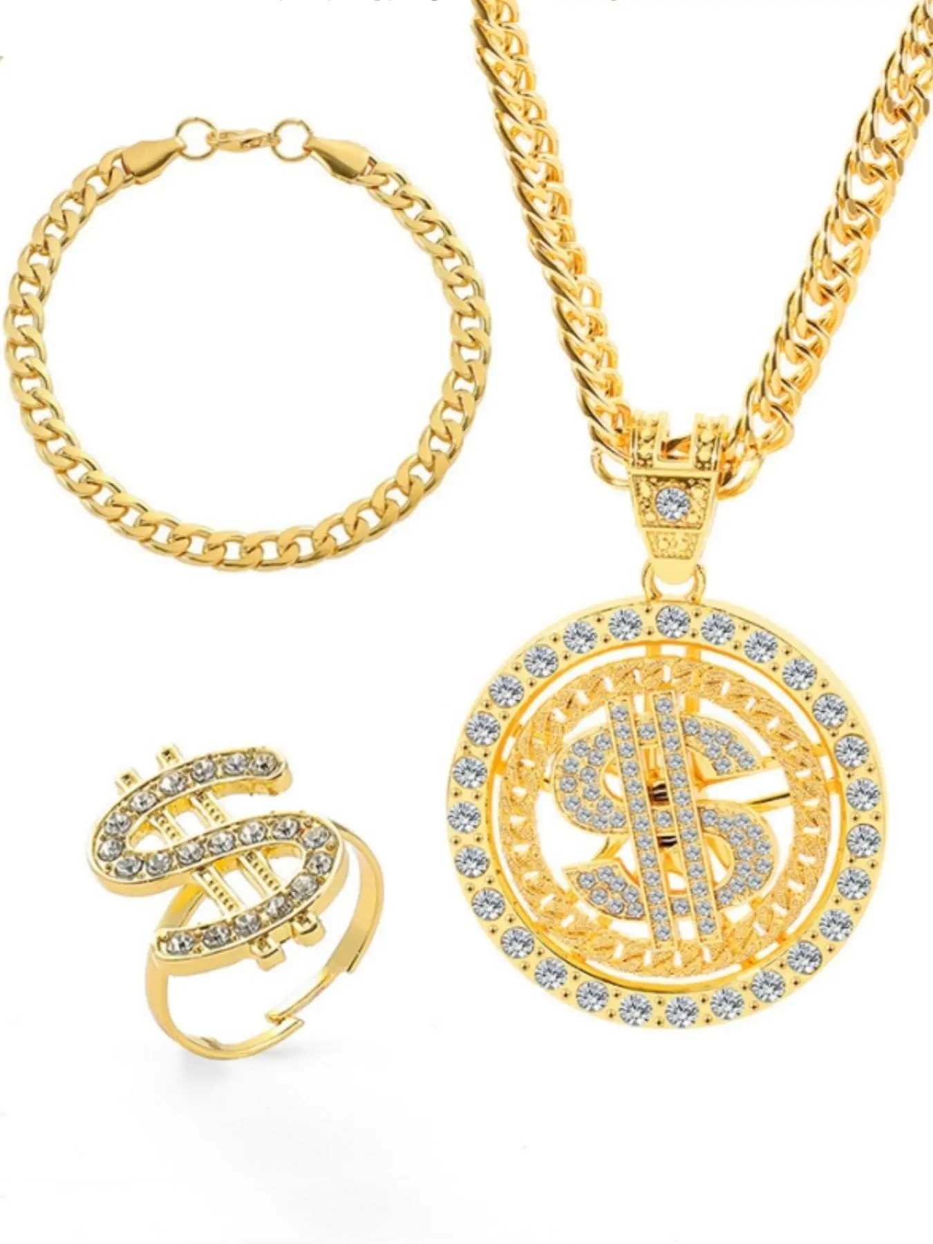 3PCS/set Men's Hip Hop Style Rhinestone Decor Trendy Costume Jewelry Set, Including Dollar Sign Pendant Necklace & Chain Bracelet & Ring, Streetwear Jewelry for Party, Daily Decor for Boy