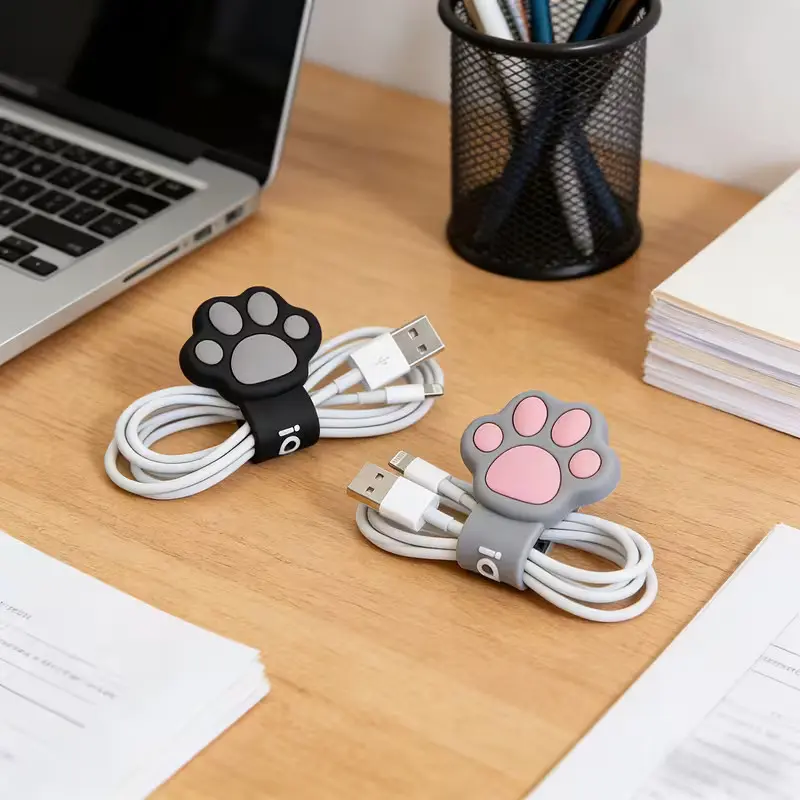 2pcs Cartoon Cat Paw Cable Organizer, Portable Earphone Data Charging Wire Holder, Desktop Accessory, Spiral Design, Elegant Craftsmanship