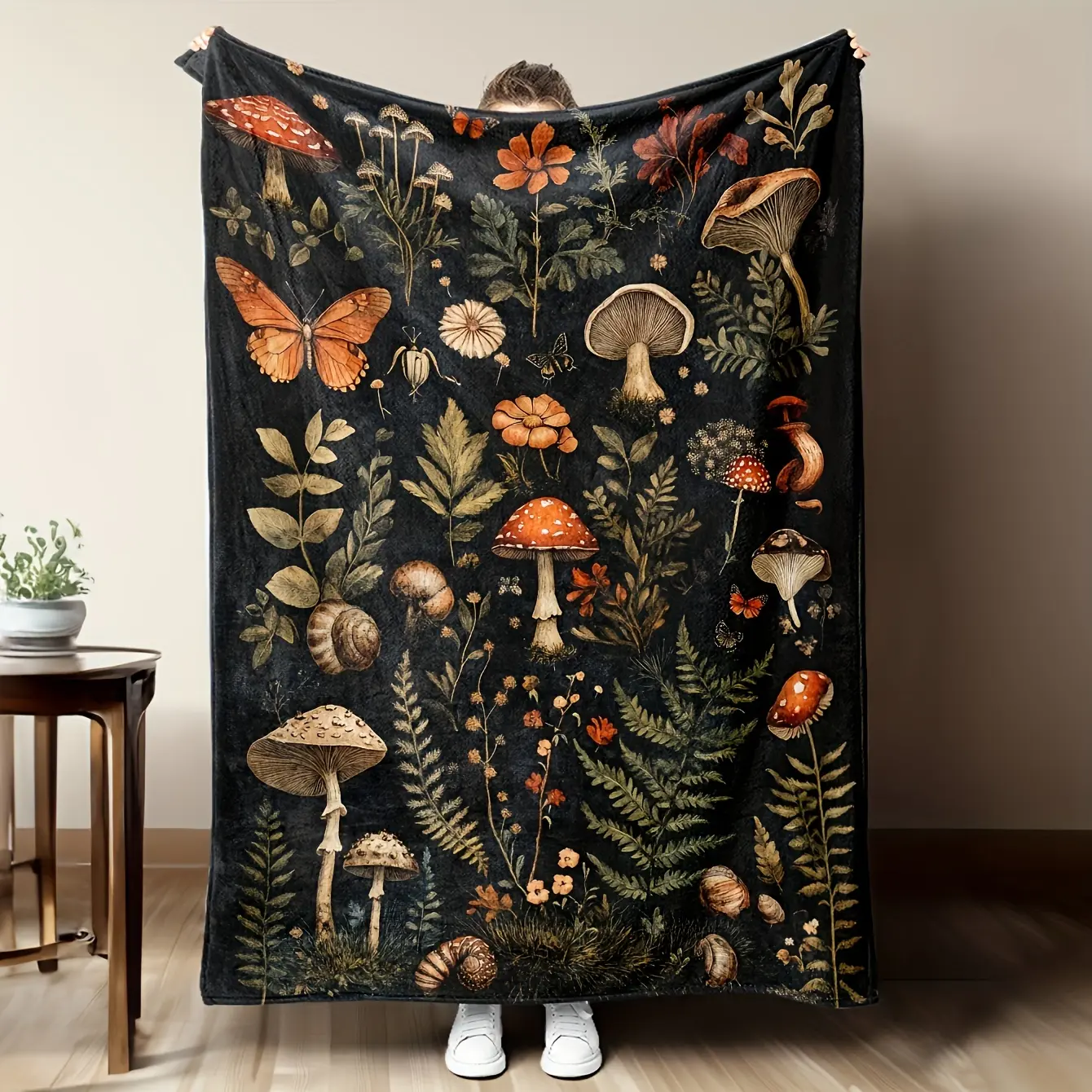 Dark Cottagecore Wild Mushroom Fern Butterfly Floral Print Flannel Blanket Soft Plush Warm Throw Blanket, Vintage Forest Botanical Decorative Couch Bedroom Nap Blanket, Giftable Nature Plant Lover Comfort Blanket for All Seasons