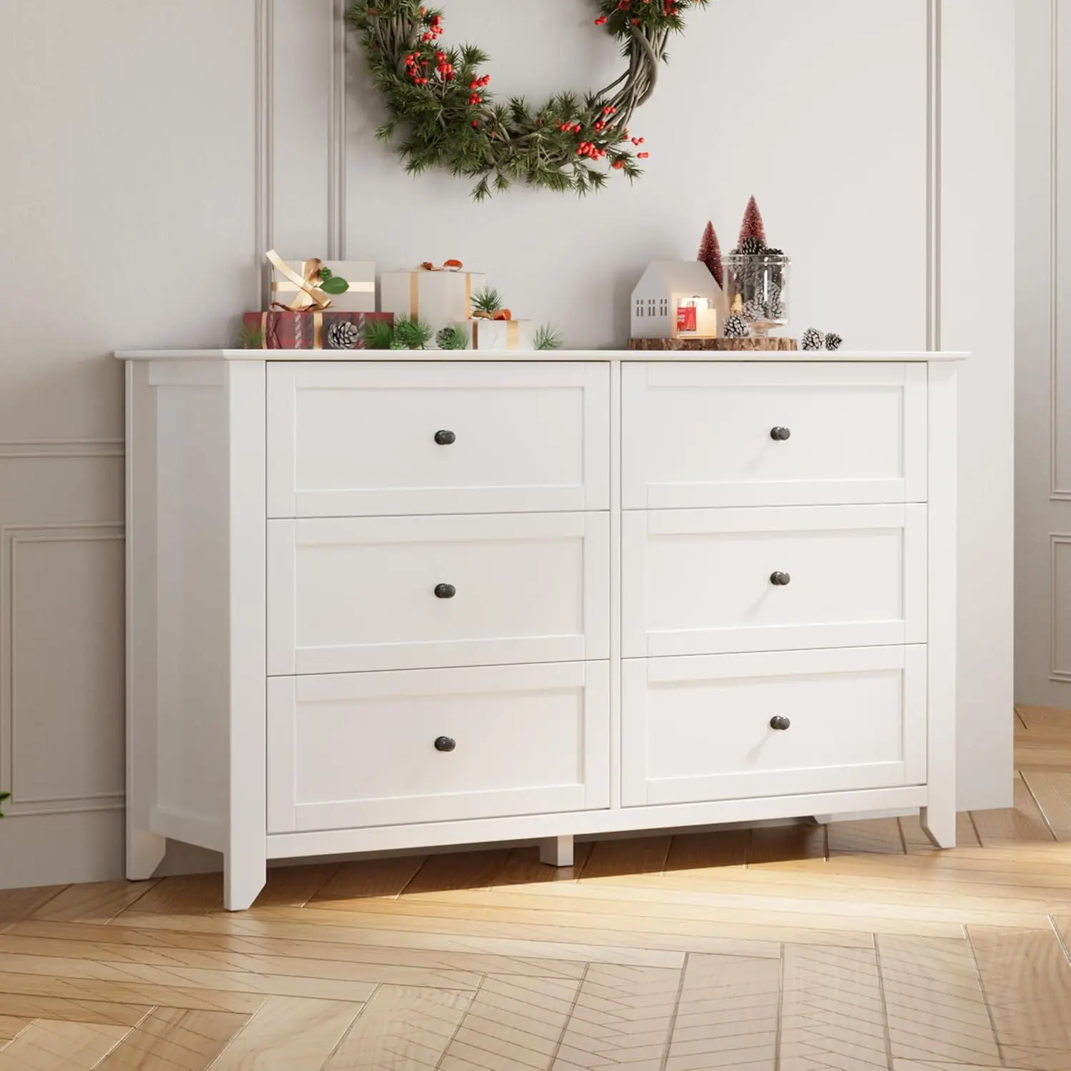 White Modern 6-Drawer Chest, Indoor Furniture Storage Organizer with Deep Drawers, Handles, Anti-Tip Safety Kit, Inclined Base, Durable Edge Sealing Treatment, Assembly Required for Bedroom & Living Room