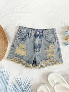 Tween Girl Y2K High Waist Ripped Denim Shorts, Light Washed Raw Hem, Summer Beach Boho, Concert Festival Casual, Brunch Graduation