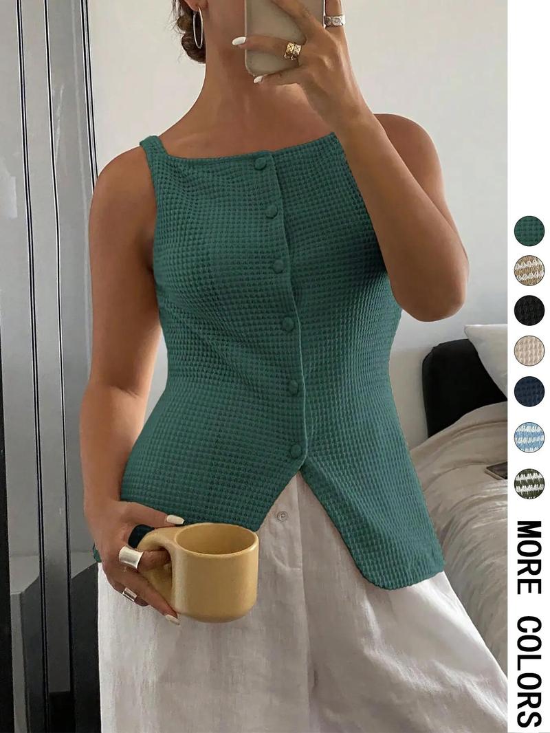 Women's Square Neck Tank Top Sleeveless Button Closure Top for Daily Wear, Ladies Clothes for All Seasons, Cropped Cami Top