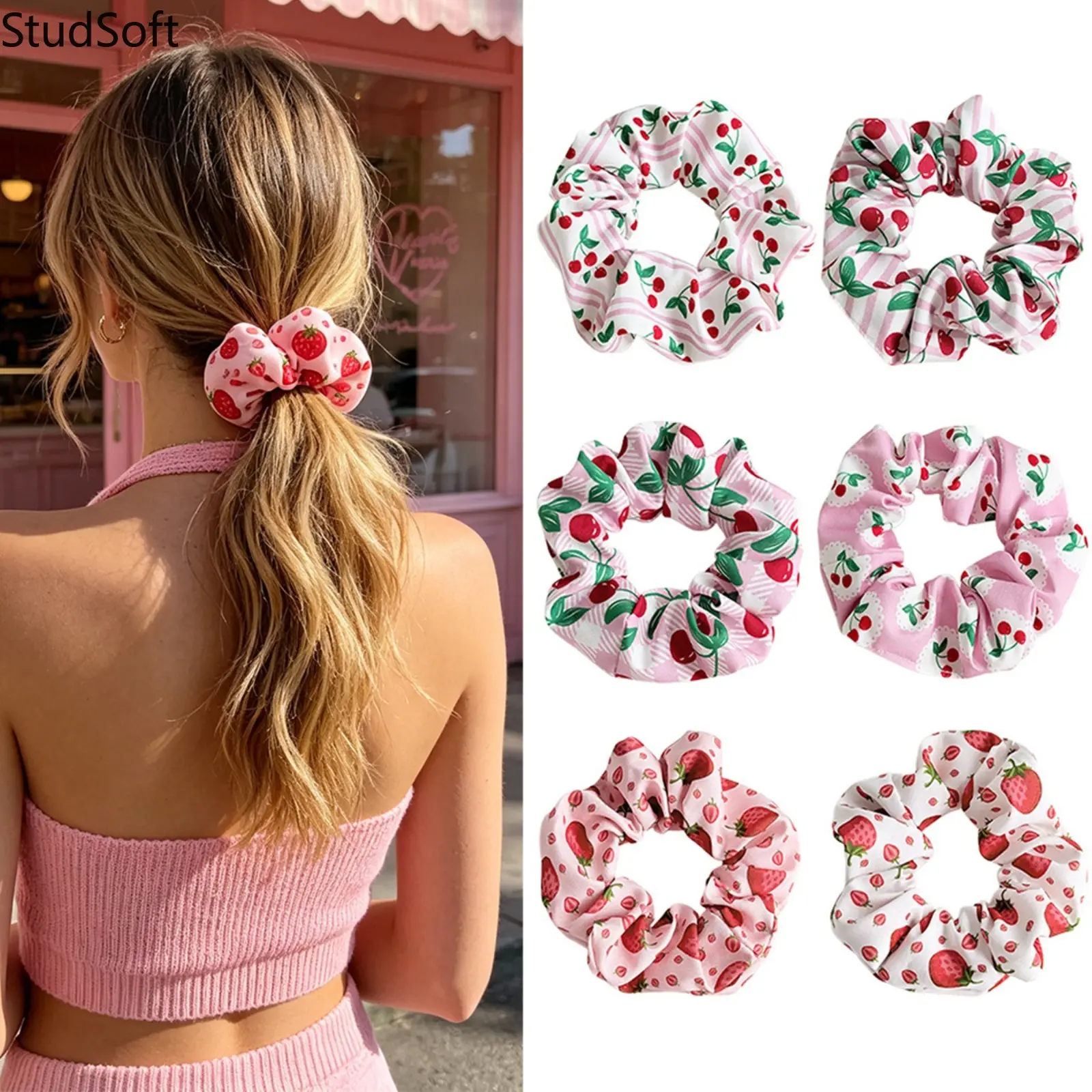 Female 6pc Strawberry-Patterned Plaid-Striped Satin Elastic Hair Scrunchies - No-Damage Ties, Vintage Sports & Outdoor Everyday Hair Accessories, Daily, One Size