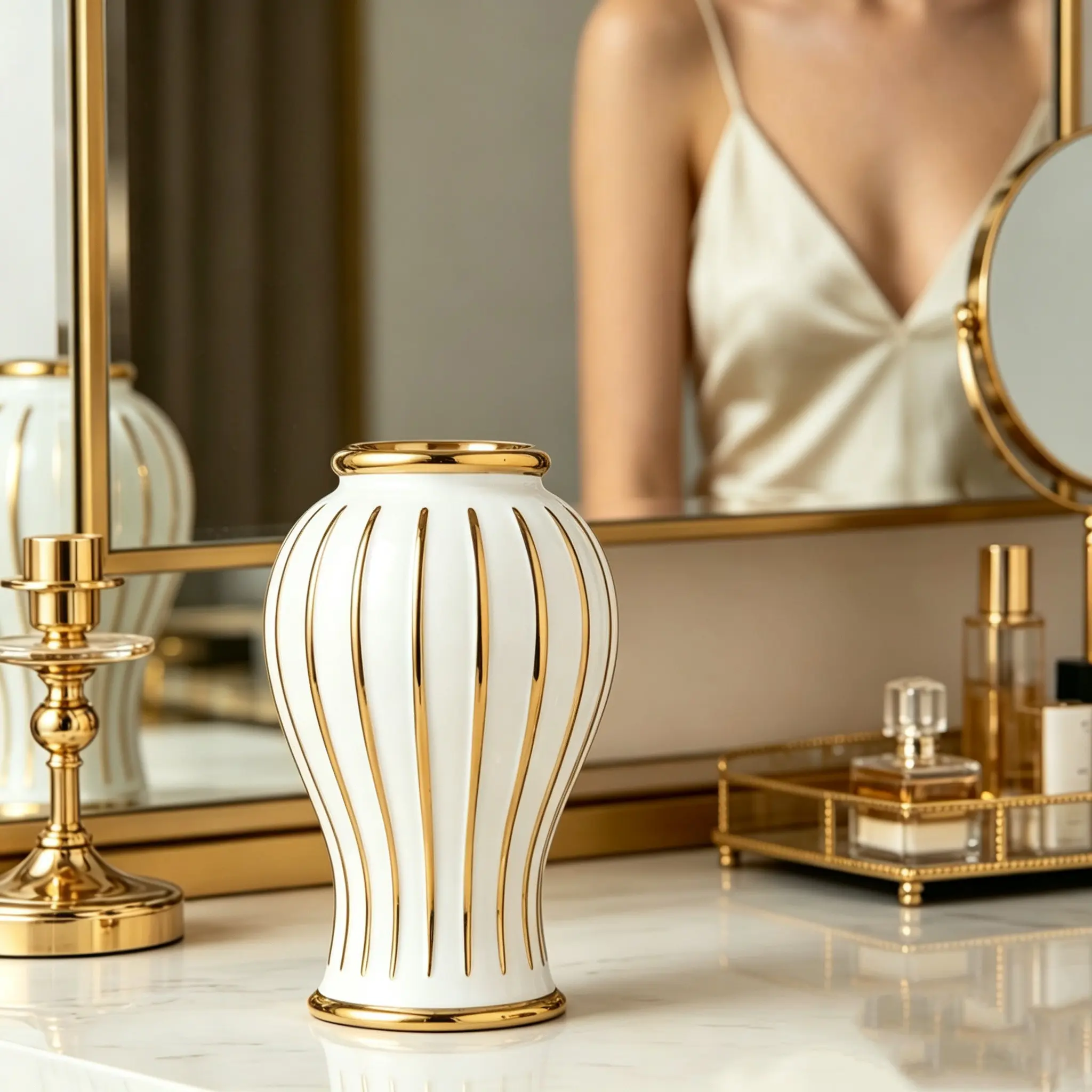 Gold Luxury Ceramic General Jar with Lid, Elegant French Home Decor Accessory for Living Room and Dining Room, Stylish Tabletop Ornament
