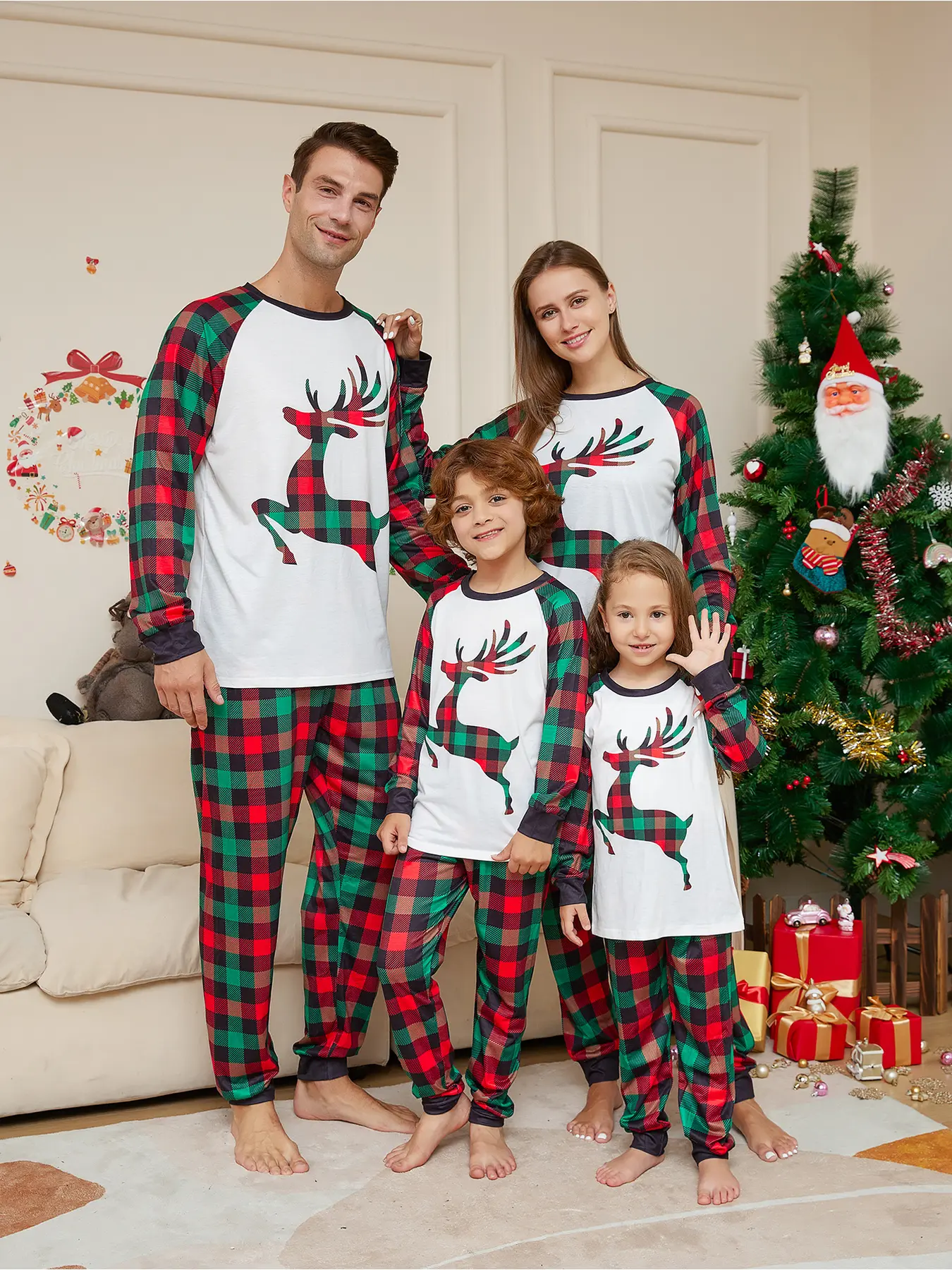 Family Matching Christmas Pajamas Set for 4 with Santa & Tree All-over Print, Long Sleeve Top & Pants Two-piece Loungewear with Red Contrast Trim, Soft Skin-friendly Breathable Knit Fabric, Great for Xmas Family Photos, Holiday Party, Daily Sleep & Christ