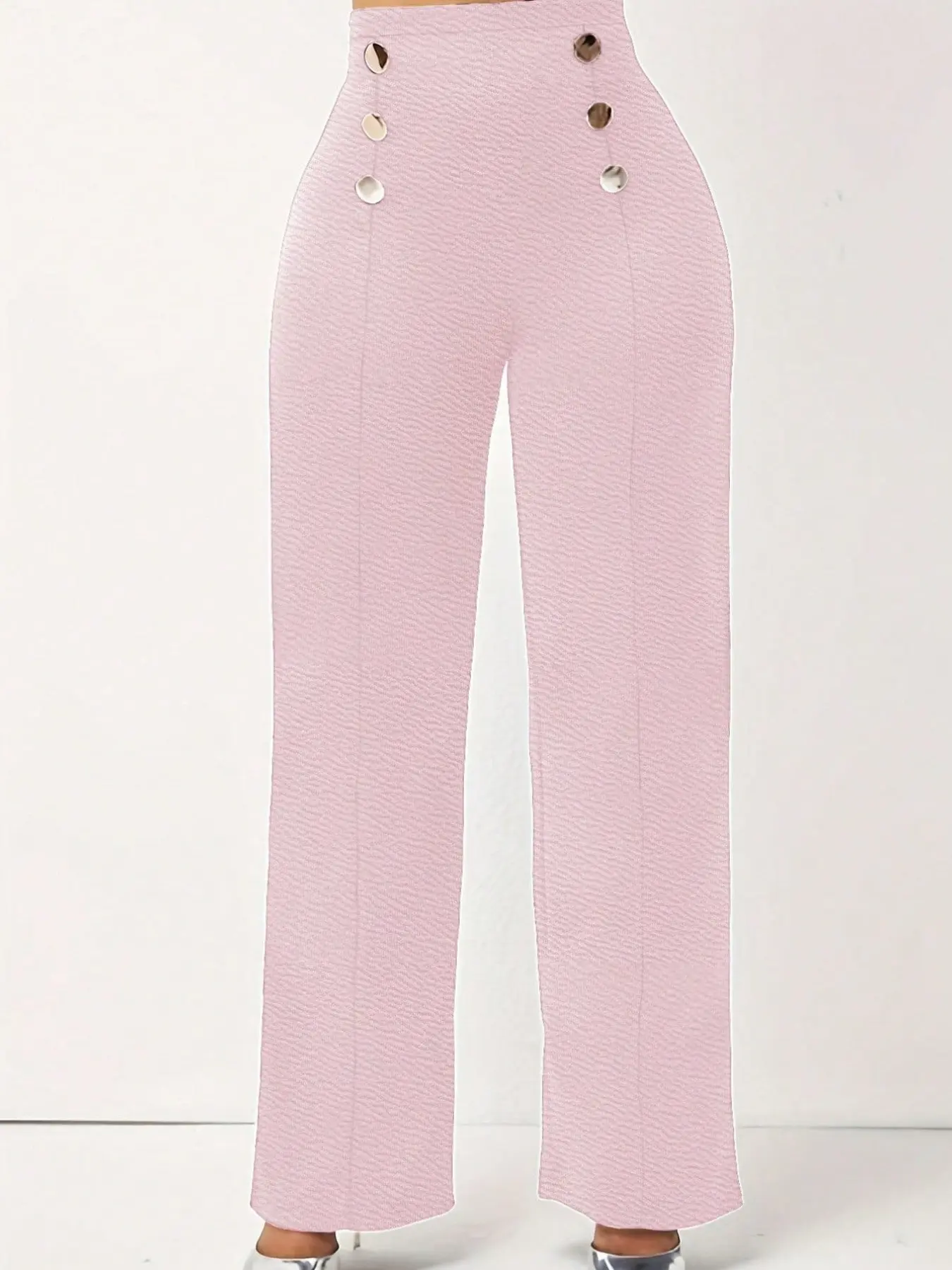 Women's Double Row Button High Waist Flared Leg Casual Trousers, Comfortable Stretch Material for Daily Wear & Office Use