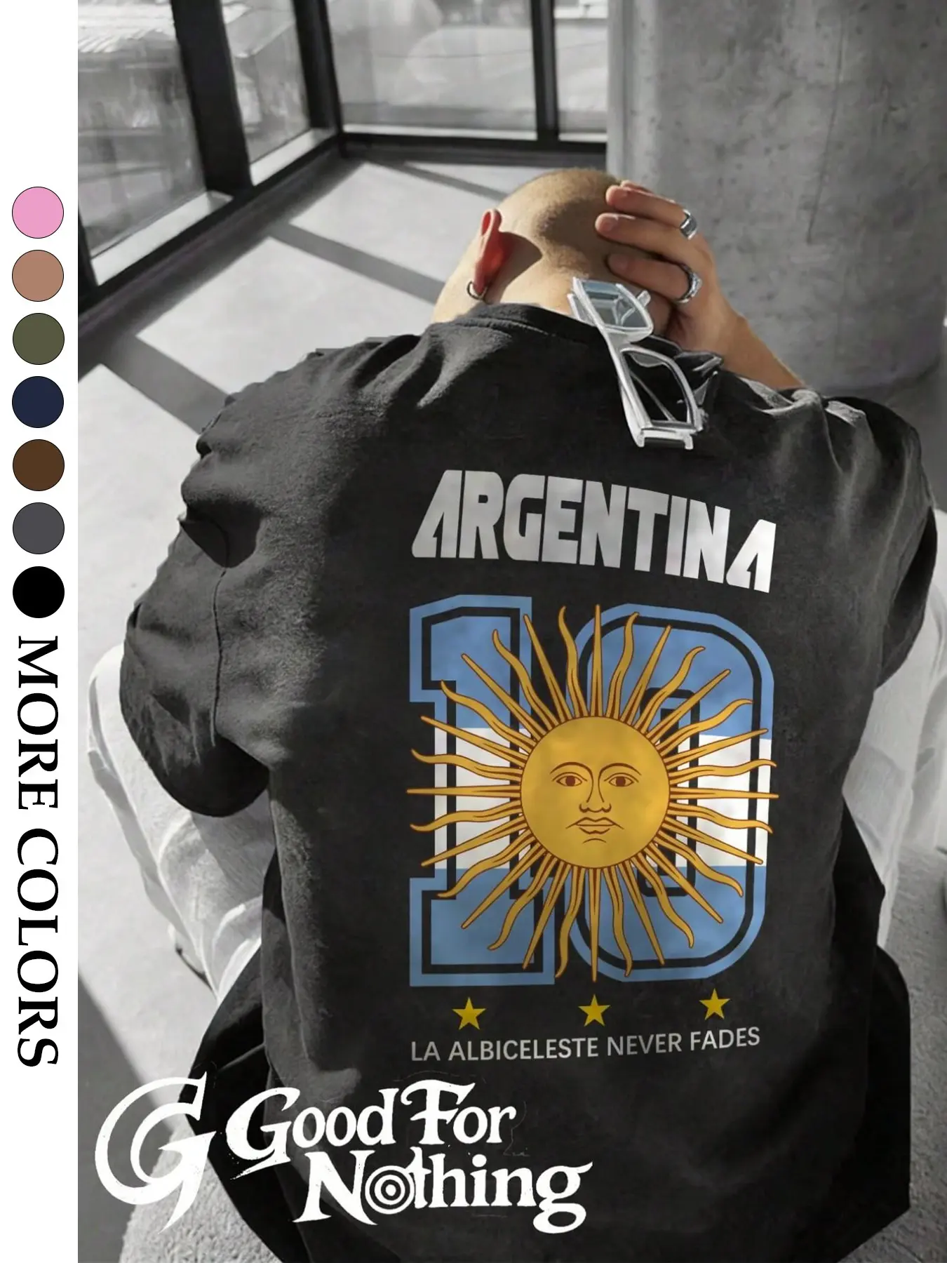 American Vintage Washed T-Shirt, Multi-Color Argentine Sun Logo Print, Couple Casual Loose-Fit Short Sleeve, All Seasons Fashion Top