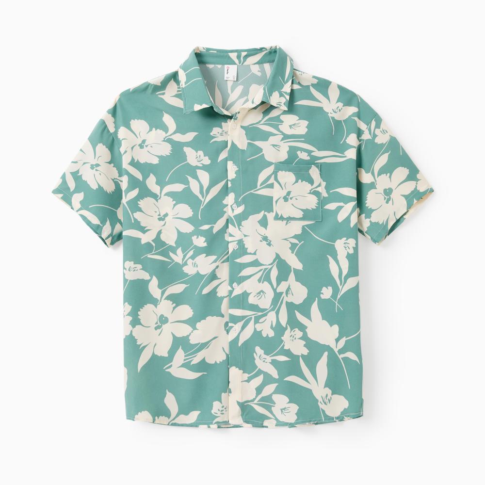 PatPat Family Matching Leaf Print Green Short-sleeve Shirt or Sling Shirred Dress Set