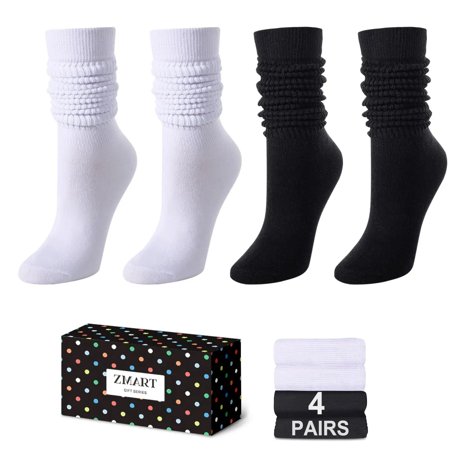 Zmart 4 Pairs Colorful Slouch Socks For Women Girls, Scrunch Socks Women, Cotton Long High Tube Socks Black White 80s & 90s Gifts