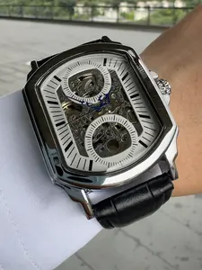1pc Rectangular Business Automatic Mechanical Watch for Men Blue Hands Leather Strap Classic Mens Watches, Ideal Gift for Holidays and Birthdays