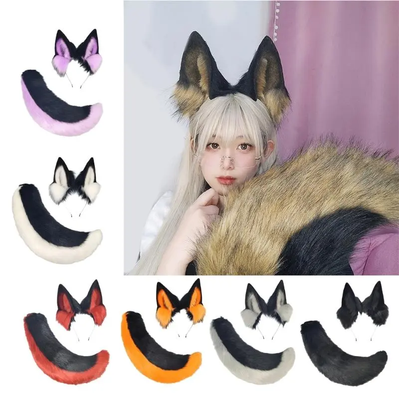 E15F Cats Ears and Tail Set Furry Cats Ears Headband Tail Halloween Cosplay Costume