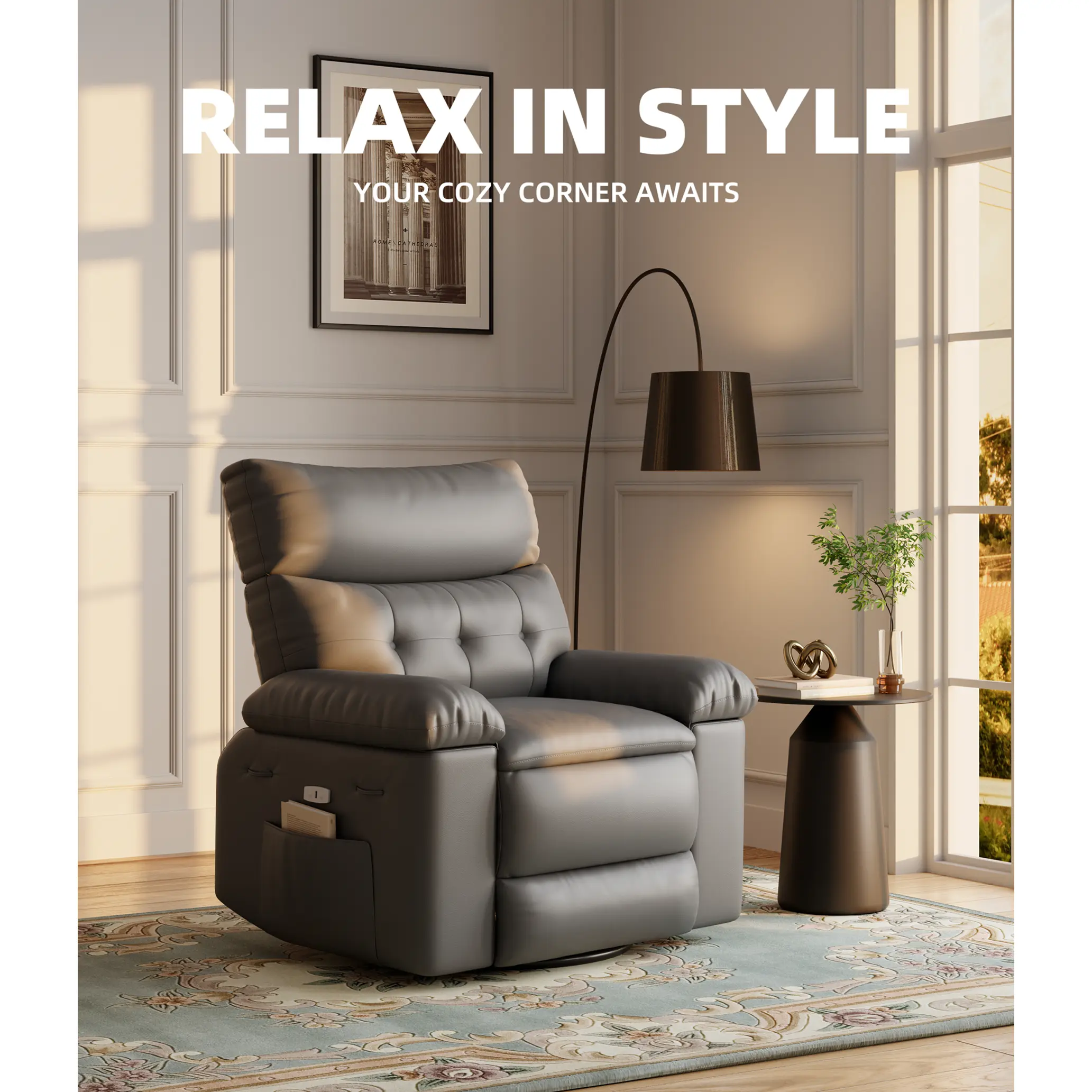 Recliner Chair for Living Room, Breathable Faux Leather Manual Reclining Chairs with Overstuffed Arm and Back, 360° Swivel Single Reclining Sofa Lounge with Side Pocket