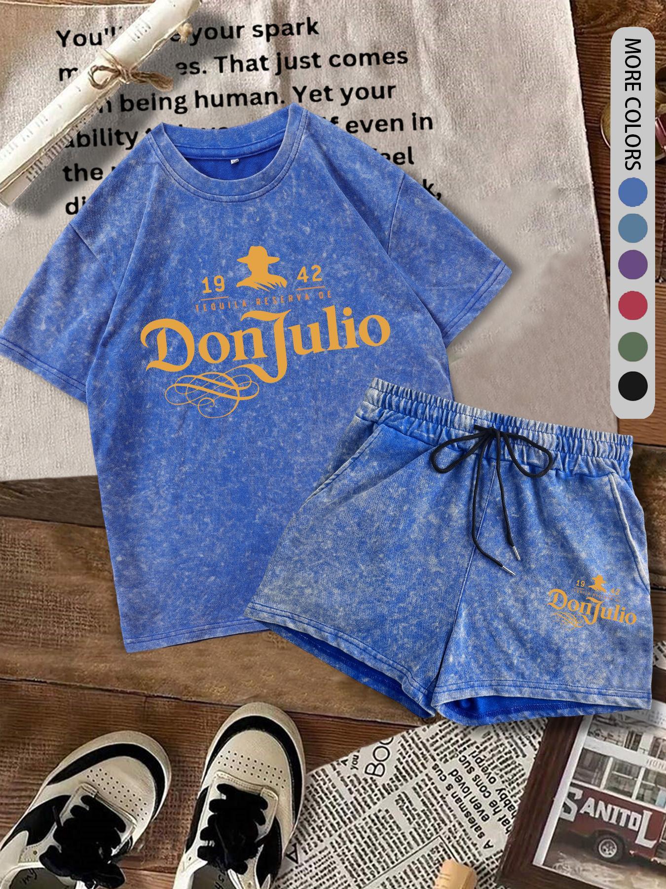 Two-Piece Set Women's Donjulio1942 Letter Print Short Sleeve Tee & Shorts Set, Casual Round Neck T-shirt & Track Shorts, Summer Clothes for Daily Wear, Suits, Lounge Shorts Set