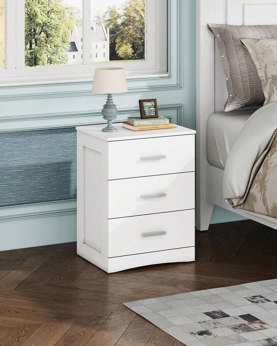 Wood Nightstand with 3 Storage Drawers, Modern Minimalist Bedside Table, Compact Side Table for Bedroom, Living Room & Dorm