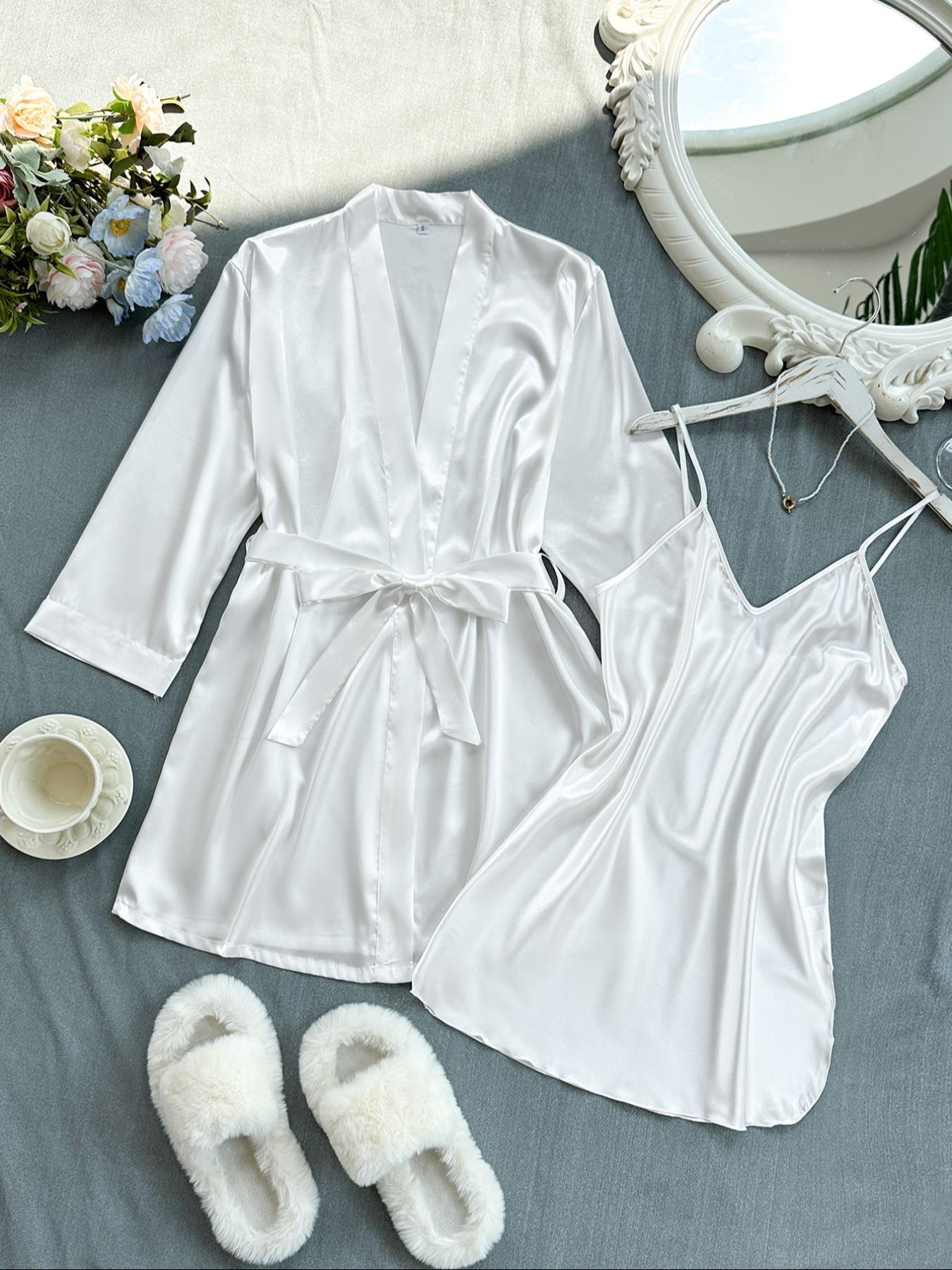 Women's Solid Belted Satin Pyjama Two-piece Set, Spaghetti Strap Long Sleeve Cami Night Dress & Robe Pj Set, Women's Sleepwear for All Seasons