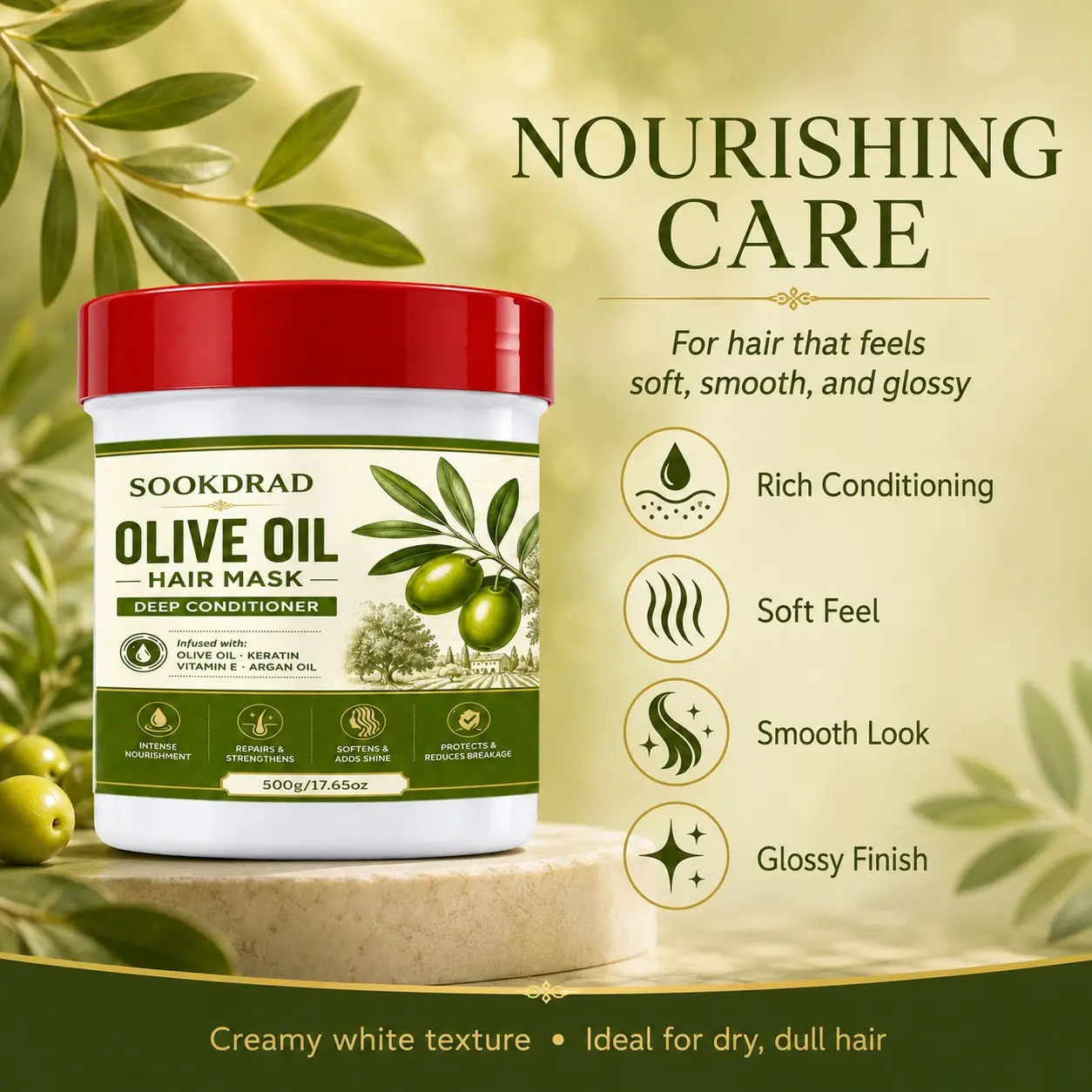 OLIVE OIL HAIR MASK DEEP CONDITIONER, infused with OLIVE OIL, KERATIN, VITAMIN E, ARGAN OIL, intense nourishment, repairs and strengthens, softens and adds shine, reduces breakage, 500g/17.65oz