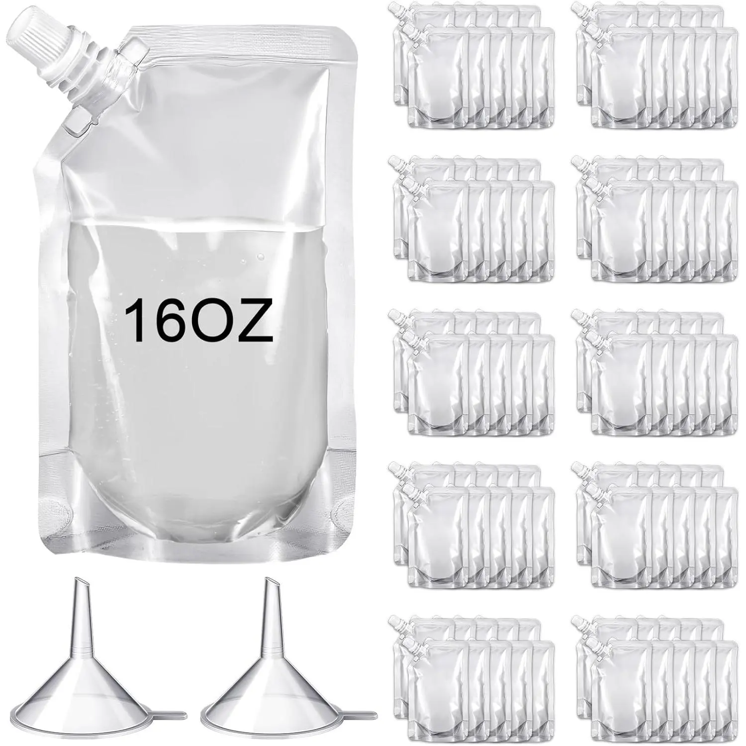 100 Pcs Plastic Pouches Bulk Reusable Squeeze Pouches Clear Plastic Juice Leak Proof Bags with Funnel for Party Favors Supplies(16 oz,Inclined Mouth)