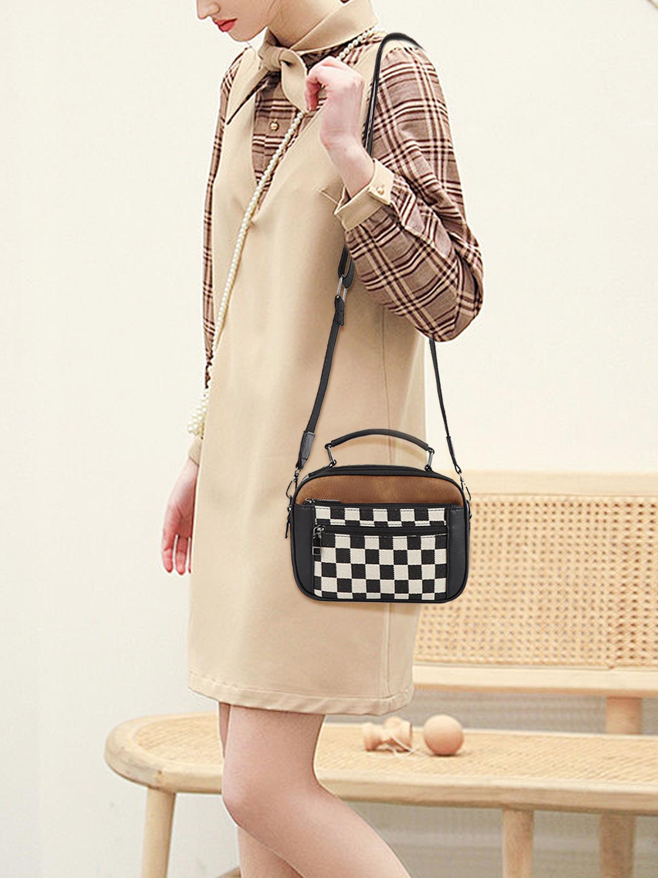 Checkerboard Pattern Colorblock Crossbody Bag, Fashionable Patterned Bag, Fashion PU Leather Waterproof Zipper Shoulder Bag for Women, Casual Trendy Versatile High-quality Daily Commuting Bag, Mothers Day Gift Ideas, Versatile Shoulder Bags