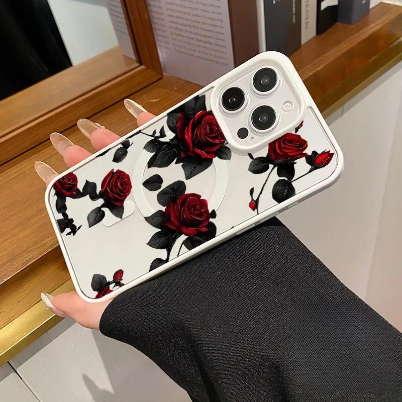 Elegant Red Roses Pattern Magnetic Phone Case Shockproof Non Slip Protection TPU Transparent Acrylic Cover Cellphone Protective   Supports Wireless Charging Smartphone for iPhone 17 15 16 14 Pro Max 13 12 Air Plus