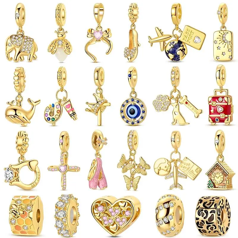 Original 925 Silver Gold Charms Beads Fit Bracelet DIY Elephant Dog Heart Pendant For Woman Jewelry