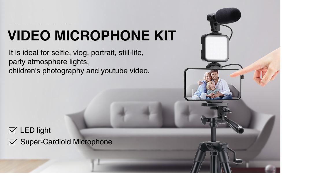 Vlogging Kit for iPhone Android, 53" Phone Tripod with Microphone, LED Light, Wireless Remote, Vlogging Camera for  Starter