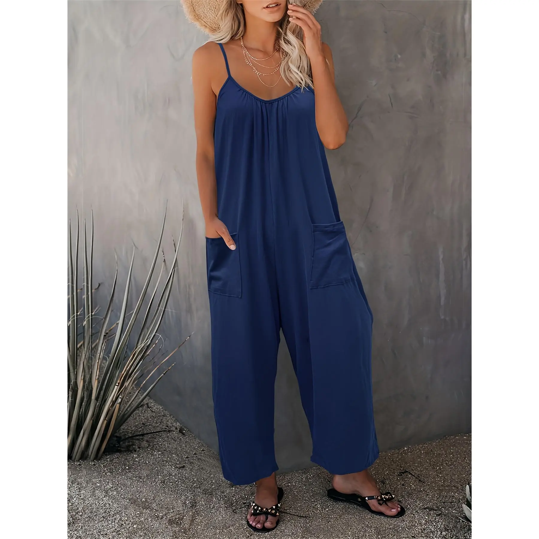 Women's Polyester Western-Style Casual Overalls - Spaghetti Straps, Sleeveless, Chest Pleats, External Patch Pockets, Long Pants, All-Season Wear, Summer Vacation Fashion New Arrival