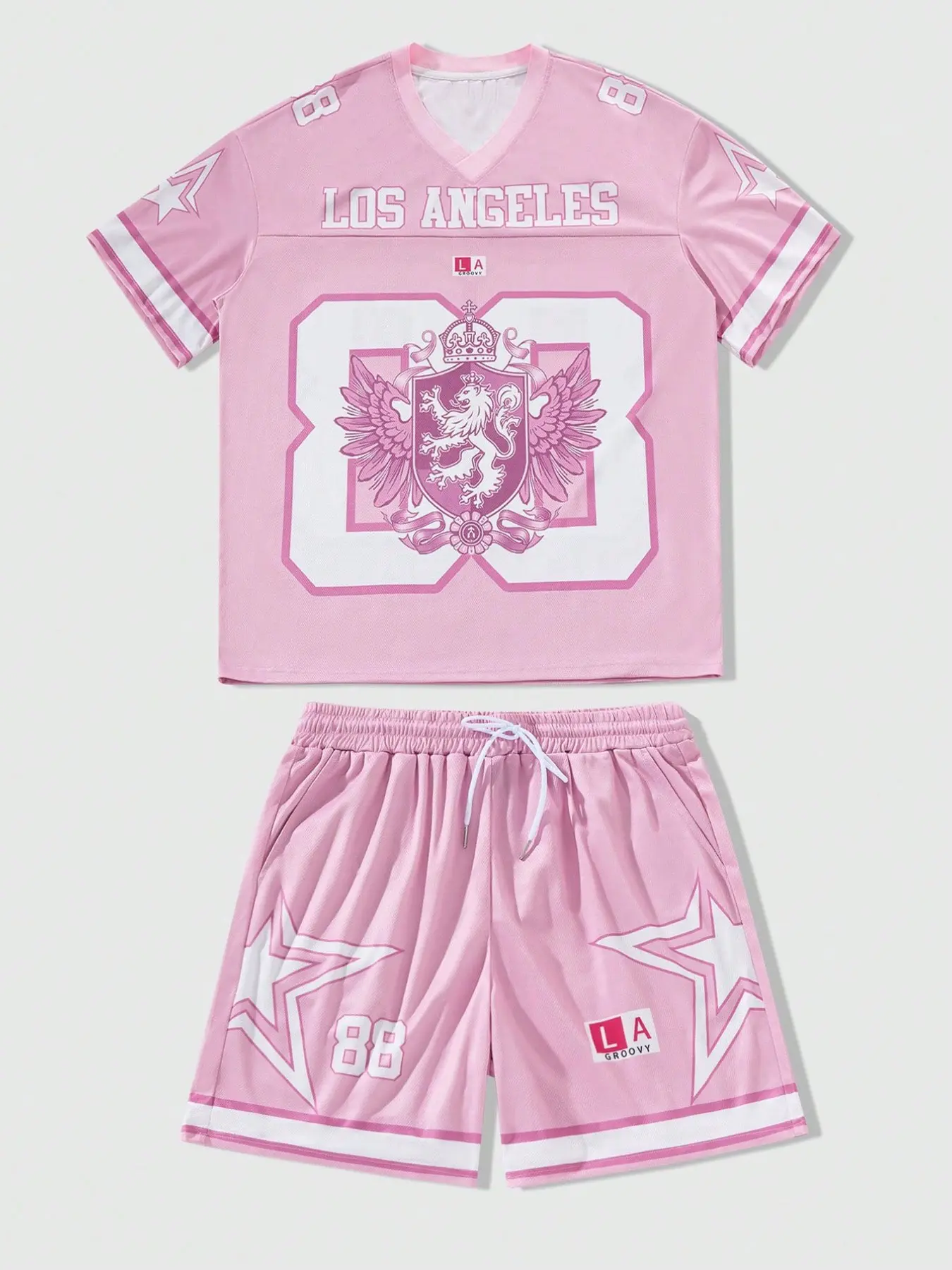 American Sweet Cool Style Los Angeles Theme Jersey Set, V-Neck Short Sleeve Top + Gym Shorts Two-Piece Set, Fitted Regular Length, Gym Clothes Set, Activewear Shorts Sets