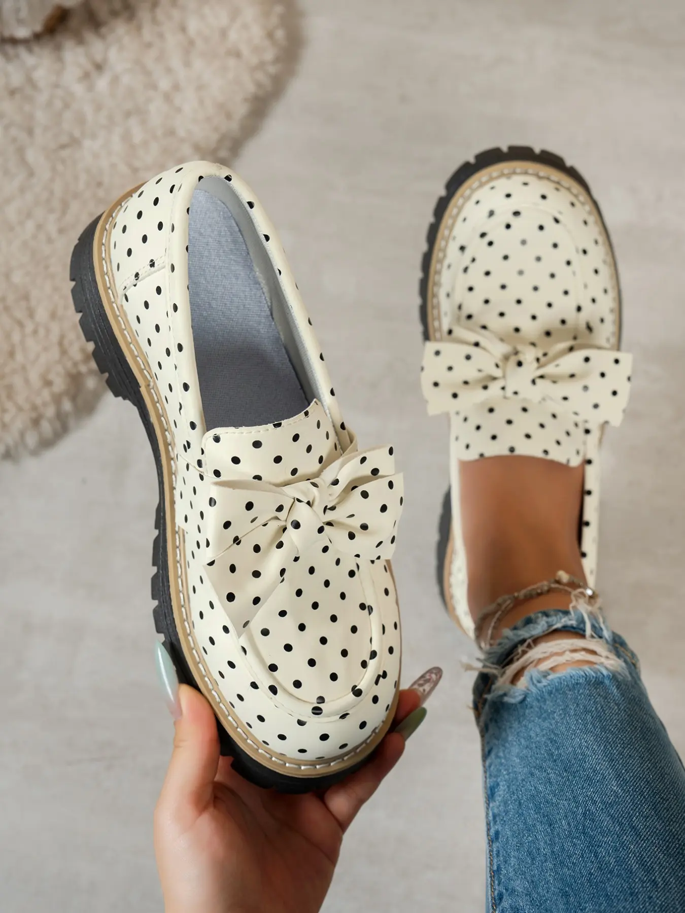 2026 Spring Summer Zebra Stripe Bowtie Loafer, British Style Classic Earl Flatform, Thick Sole Chunky Heel Women's Shoes, All Seasons Footwear